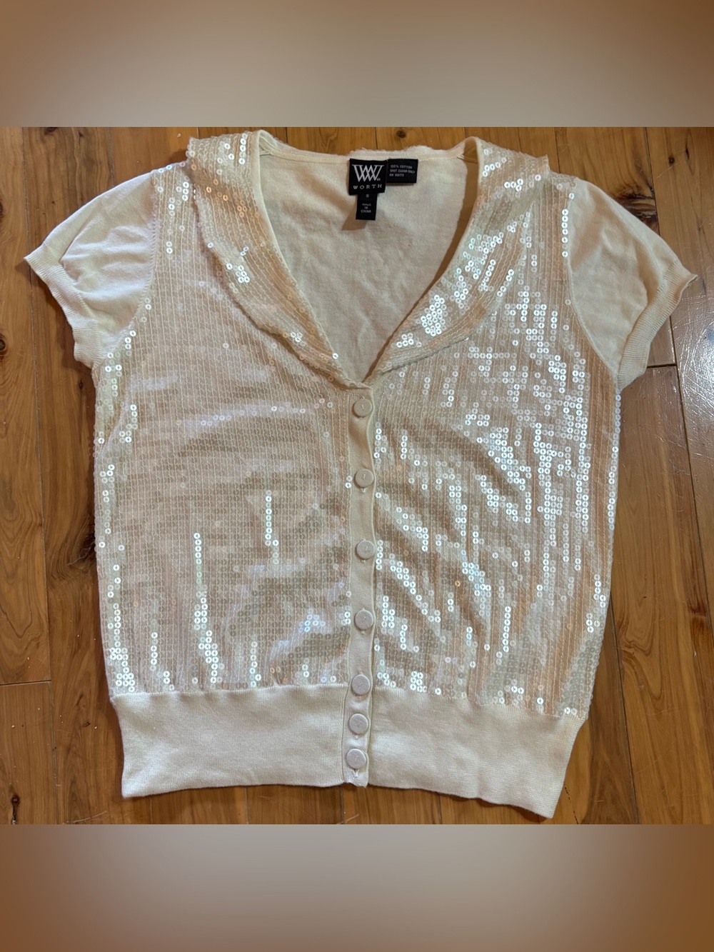W by Worth Cardigan Sweater 100% Cotton Sequin Front/Collar Champagne Cream Sz S